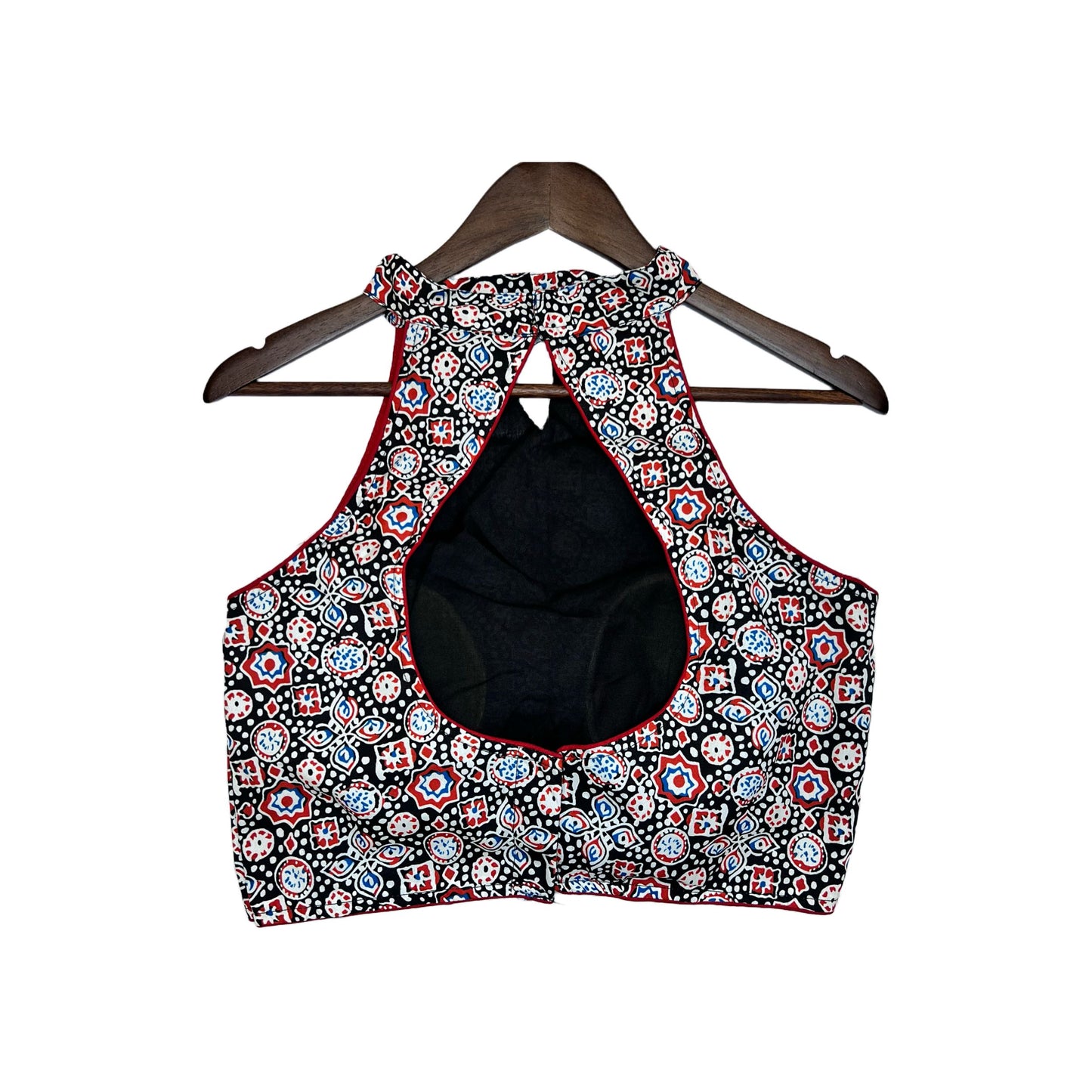 Black, White, Blue Ikkat Sleeveless Halter Neck Blouse