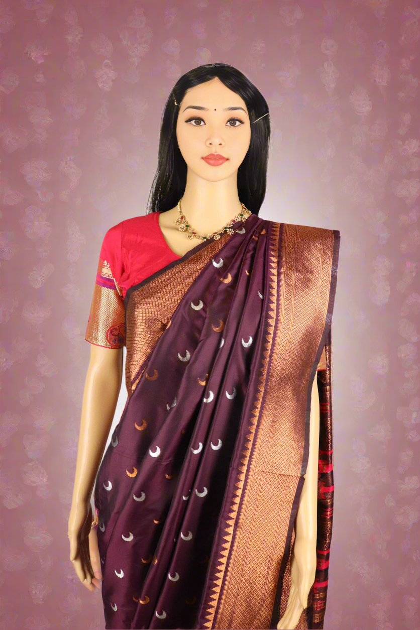Burgundy color Chandrakor Semi Paithani Saree with Copper Zari Border and Rich Pallu