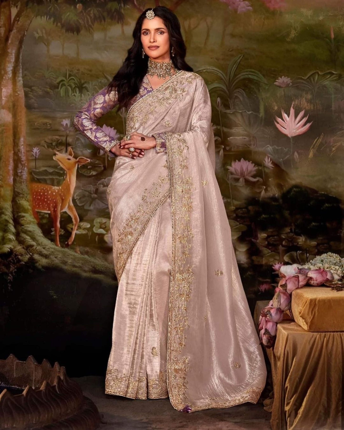 Exquisite Shimmer Champagne Organza Chiffon Saree with Intricate Sequins and Zari Work, Paired with a Stunning Light Purple Readymade Blouse