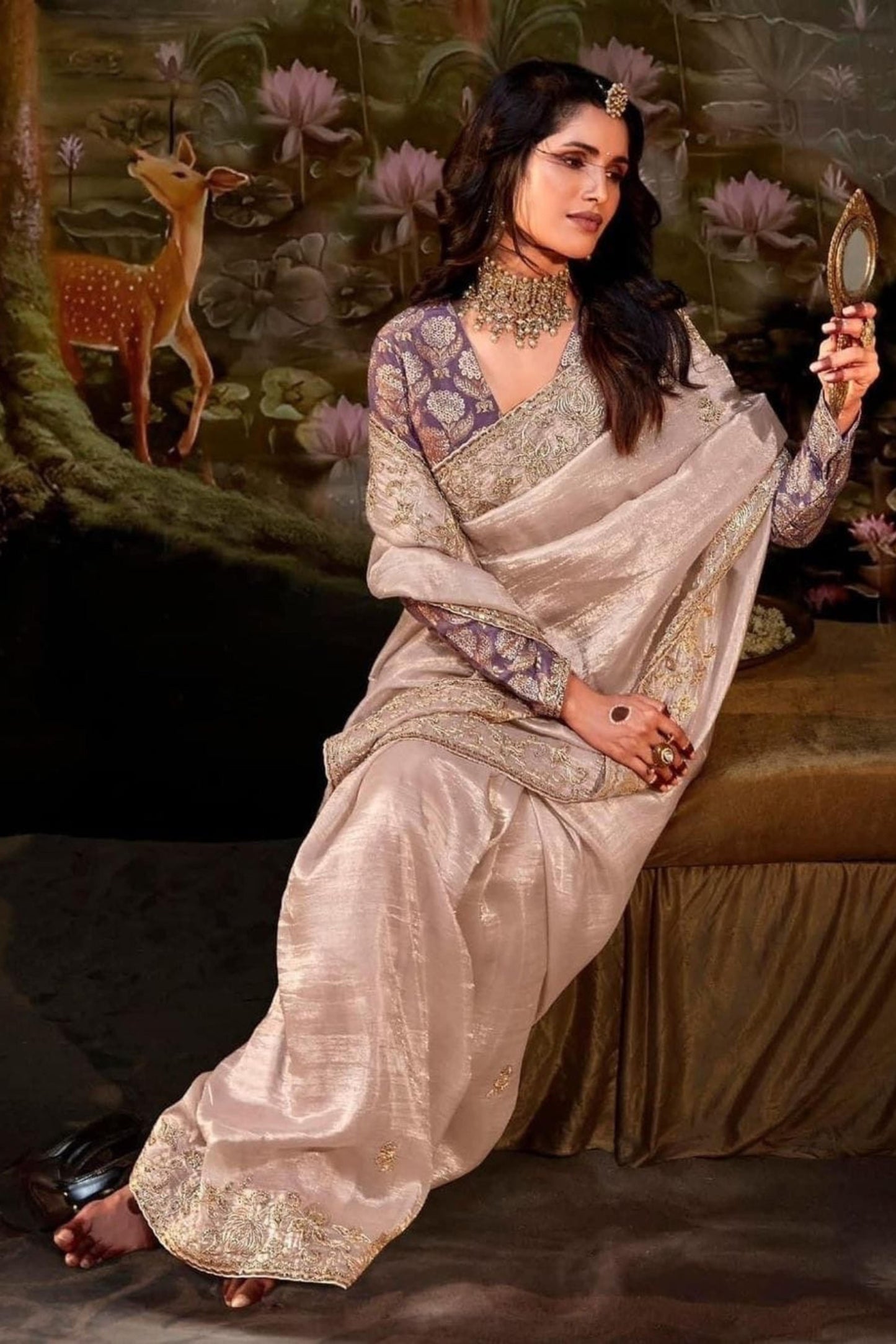 Exquisite Shimmer Champagne Organza Chiffon Saree with Intricate Sequins and Zari Work, Paired with a Stunning Light Purple Readymade Blouse