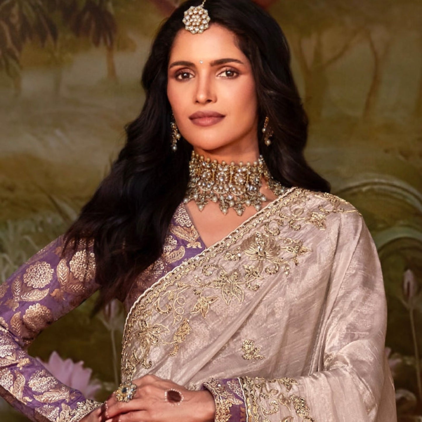 Exquisite Shimmer Champagne Organza Chiffon Saree with Intricate Sequins and Zari Work, Paired with a Stunning Light Purple Readymade Blouse