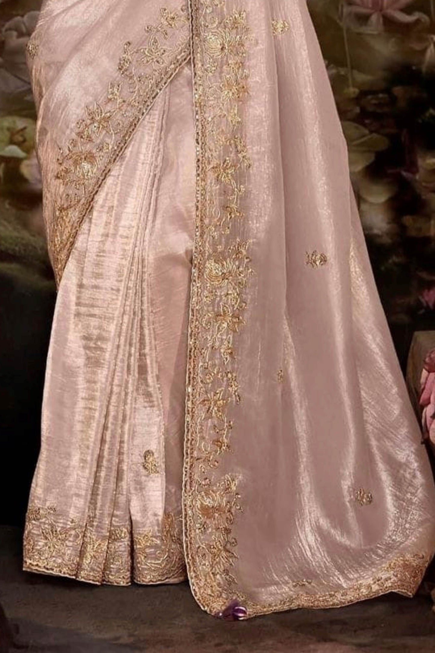 Exquisite Shimmer Champagne Organza Chiffon Saree with Intricate Sequins and Zari Work, Paired with a Stunning Light Purple Readymade Blouse