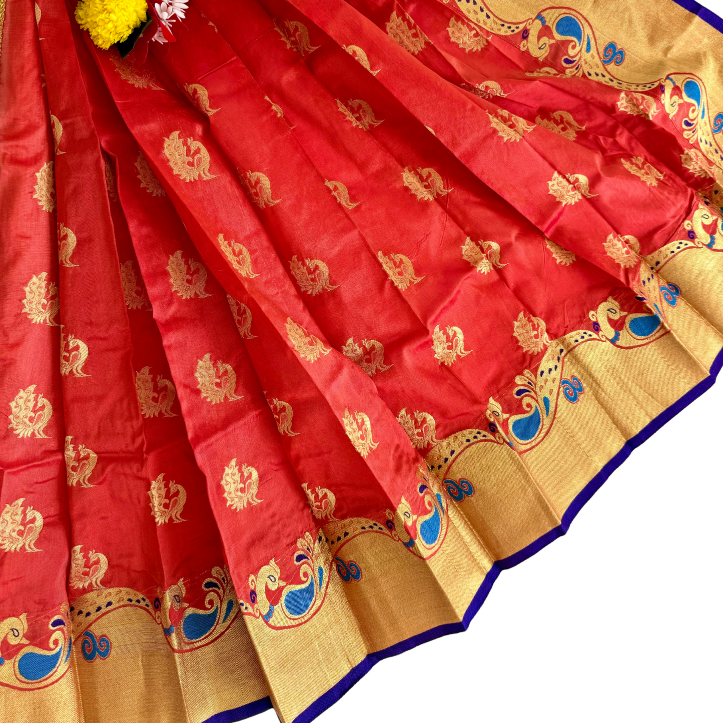 Tomato Red Gudi Padwa Saree with Heavy Golden Butties & Peacock Border