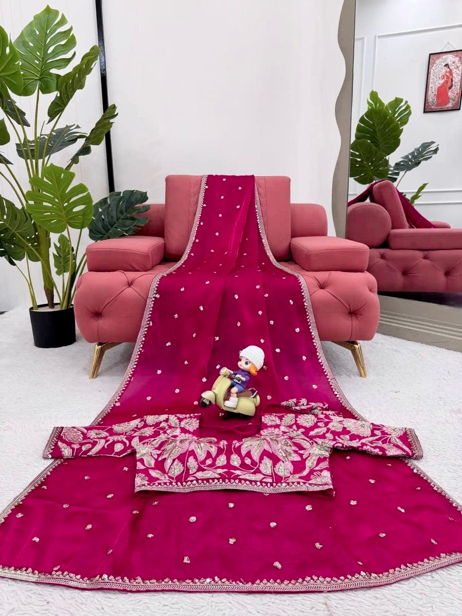 Designer Rani Pink Saree with Embroidered Readymade Blouse, Sequin Work Indian Saree, Wedding Guest saree & Festive Saree, Party Wear Saree