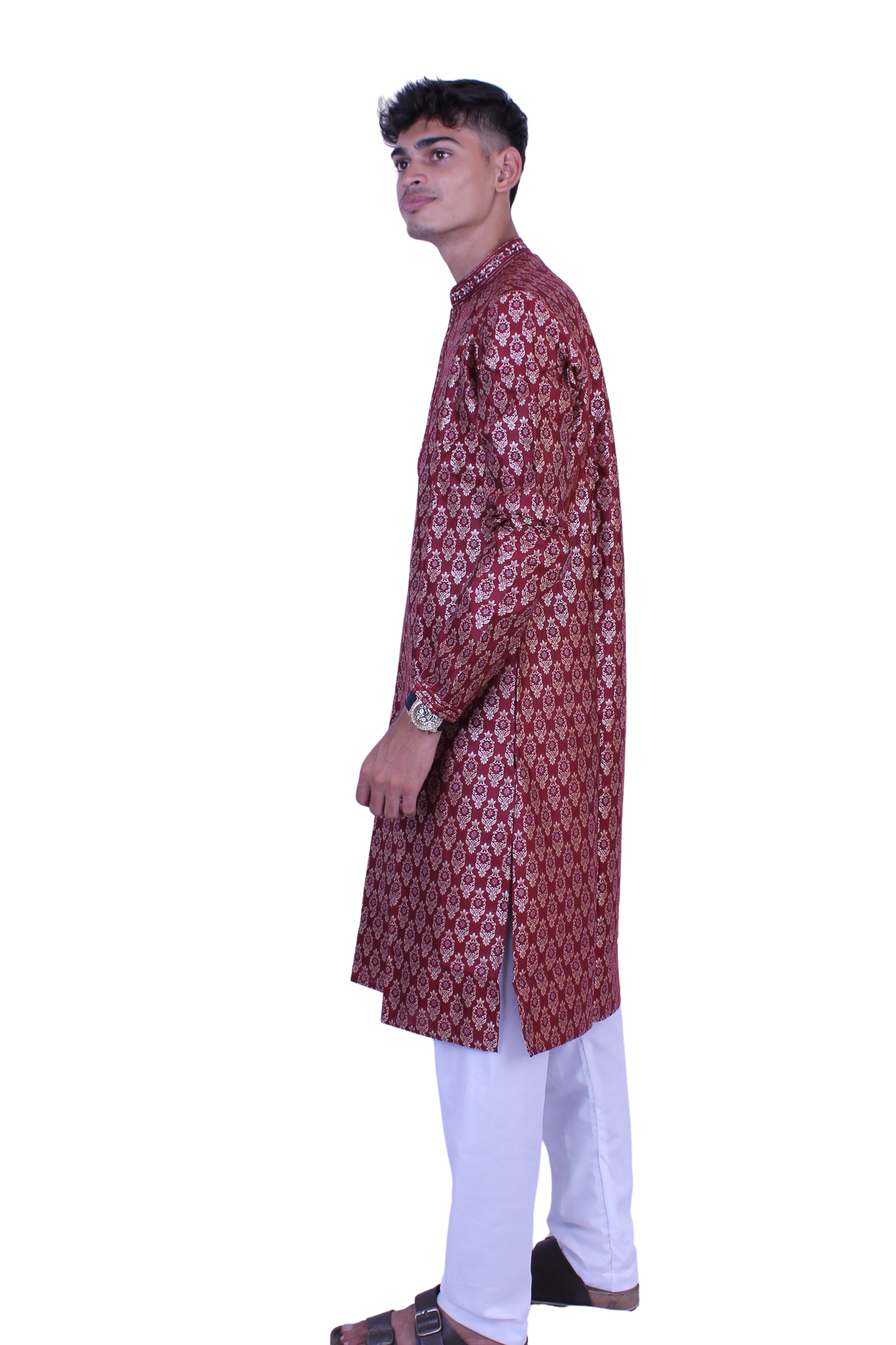 Elegant Maroon Brocade Men’s Kurta with White Pant | Festive & Wedding Wear Outfit