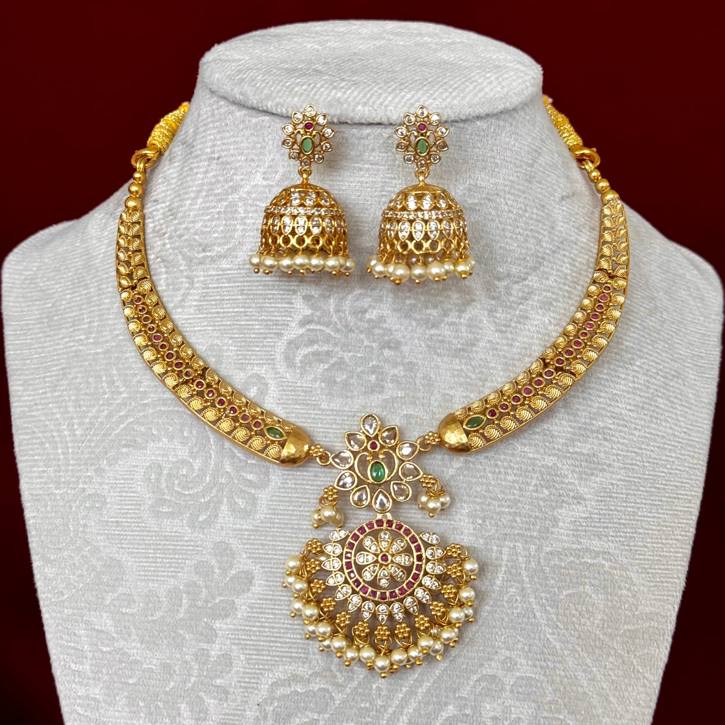 Antique Gold CZ Necklace Set with Jhumka Earrings, Pearl Hanging Pendant, Indian Bridal Jewelry, Ruby Green Choker, Wedding Set