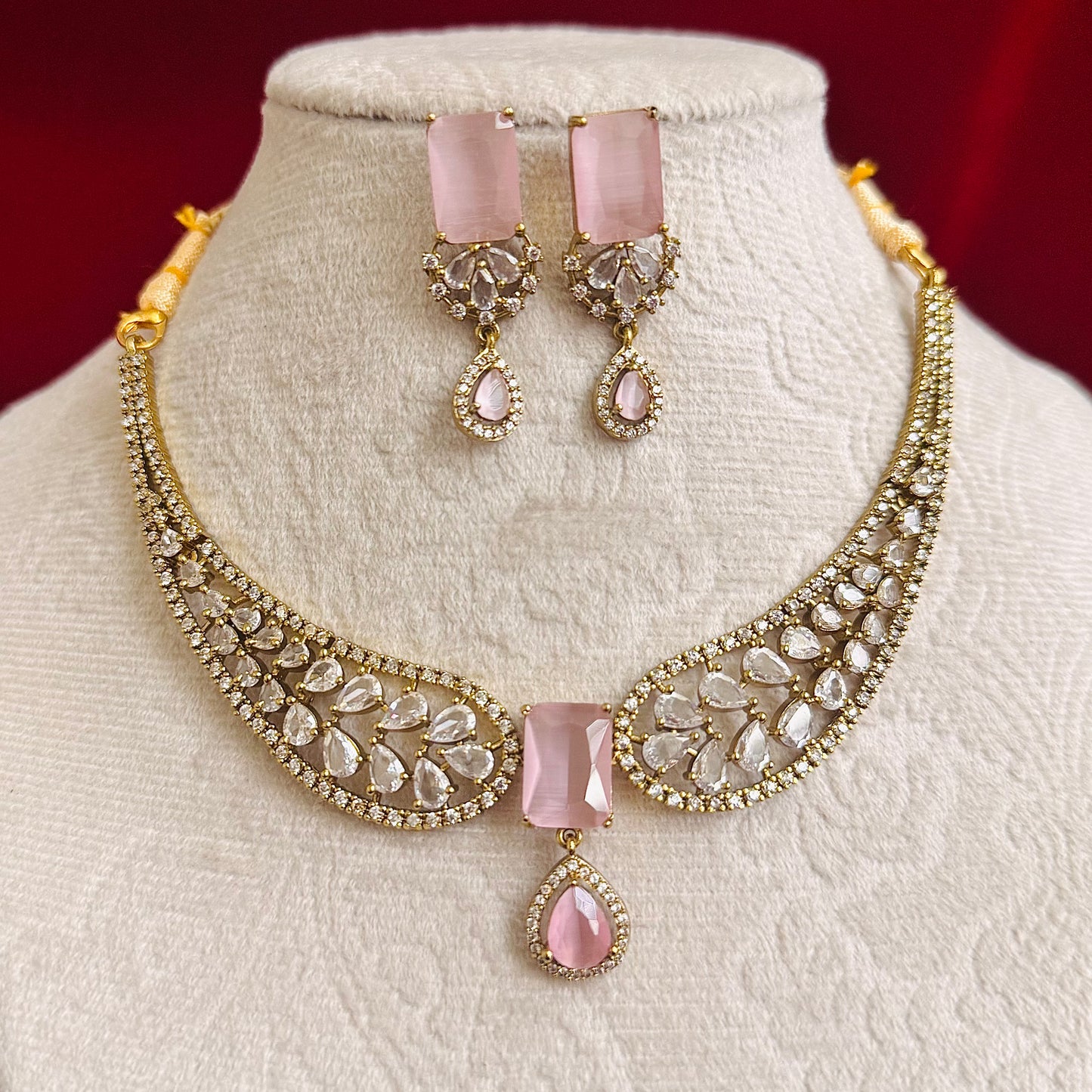Blush Pink CZ Necklace Set for Women, Indian Wedding Jewelry Set, Gold Tone Statement Necklace, Bridal Party Jewelry, Pink Stone Earrings
