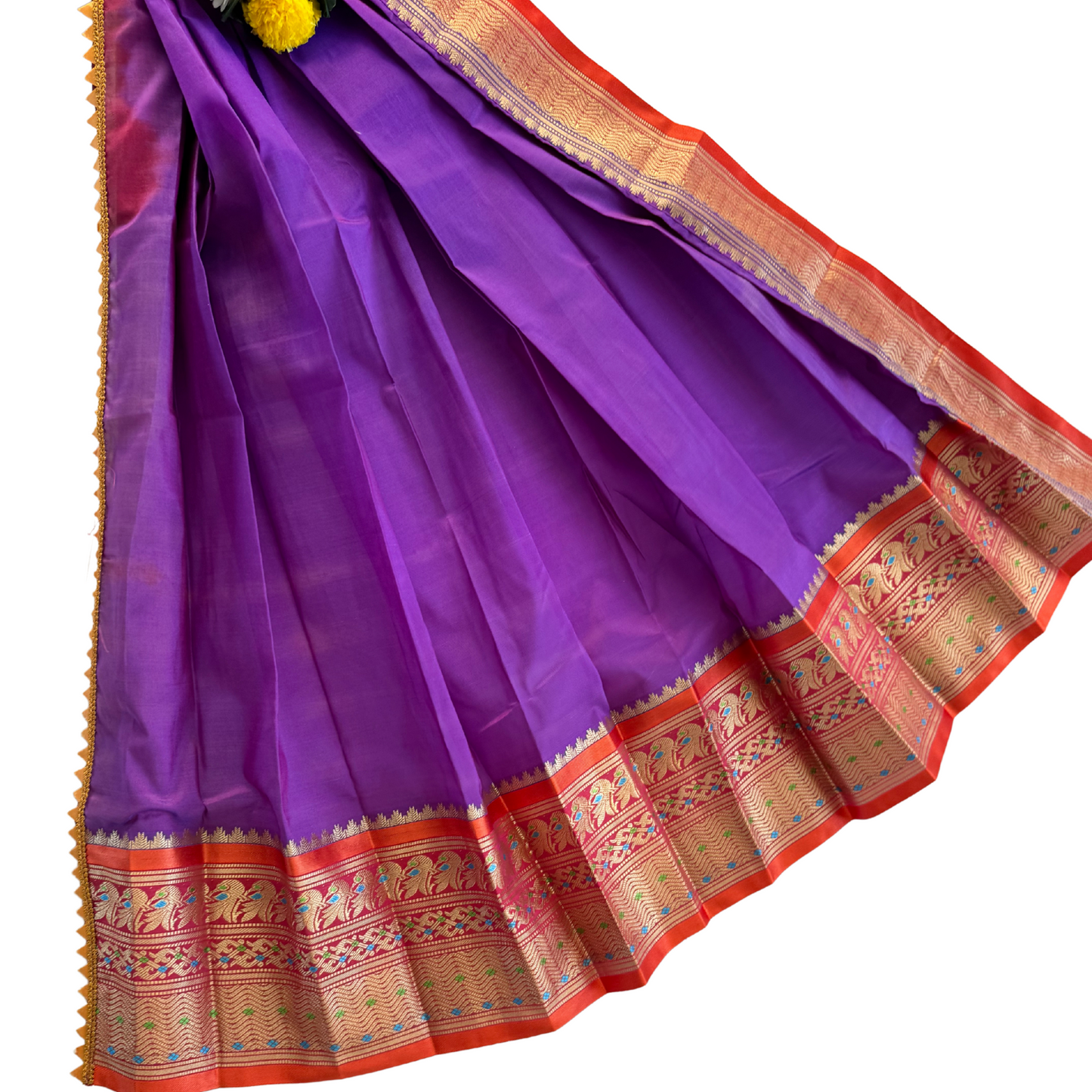 Violet Color Plain Gudi Padwa Saree with Red Orange Zari Border – Ready to Use