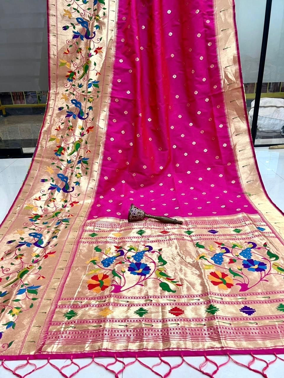 Rani Pink Semi Paithani Soft Silk Saree, Peacock Pallu Butti Soft Silk Saree, Indian Wedding Festive Traditional Designer Saree, Paithani sa