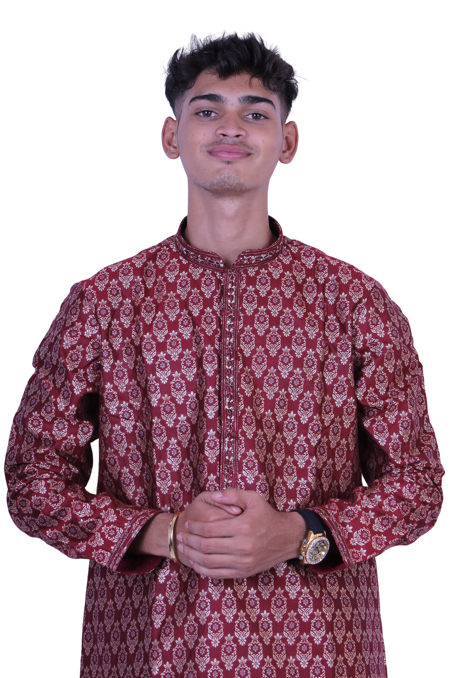 Elegant Maroon Brocade Men’s Kurta with White Pant | Festive & Wedding Wear Outfit