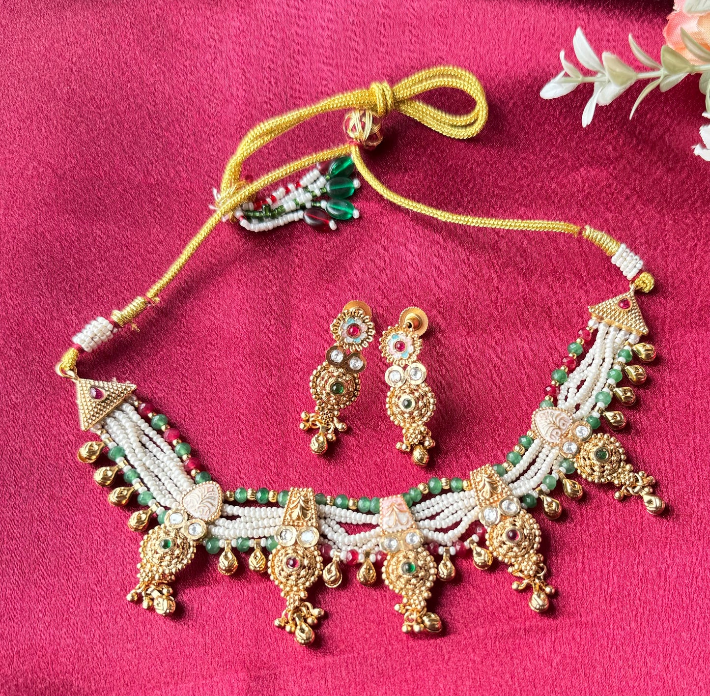 Handcrafted Pearl Beads Necklace Set | Green & Maroon Accents | Antique Gold Droplet Design | Festive Ethnic Jewelry with Matching Earrings