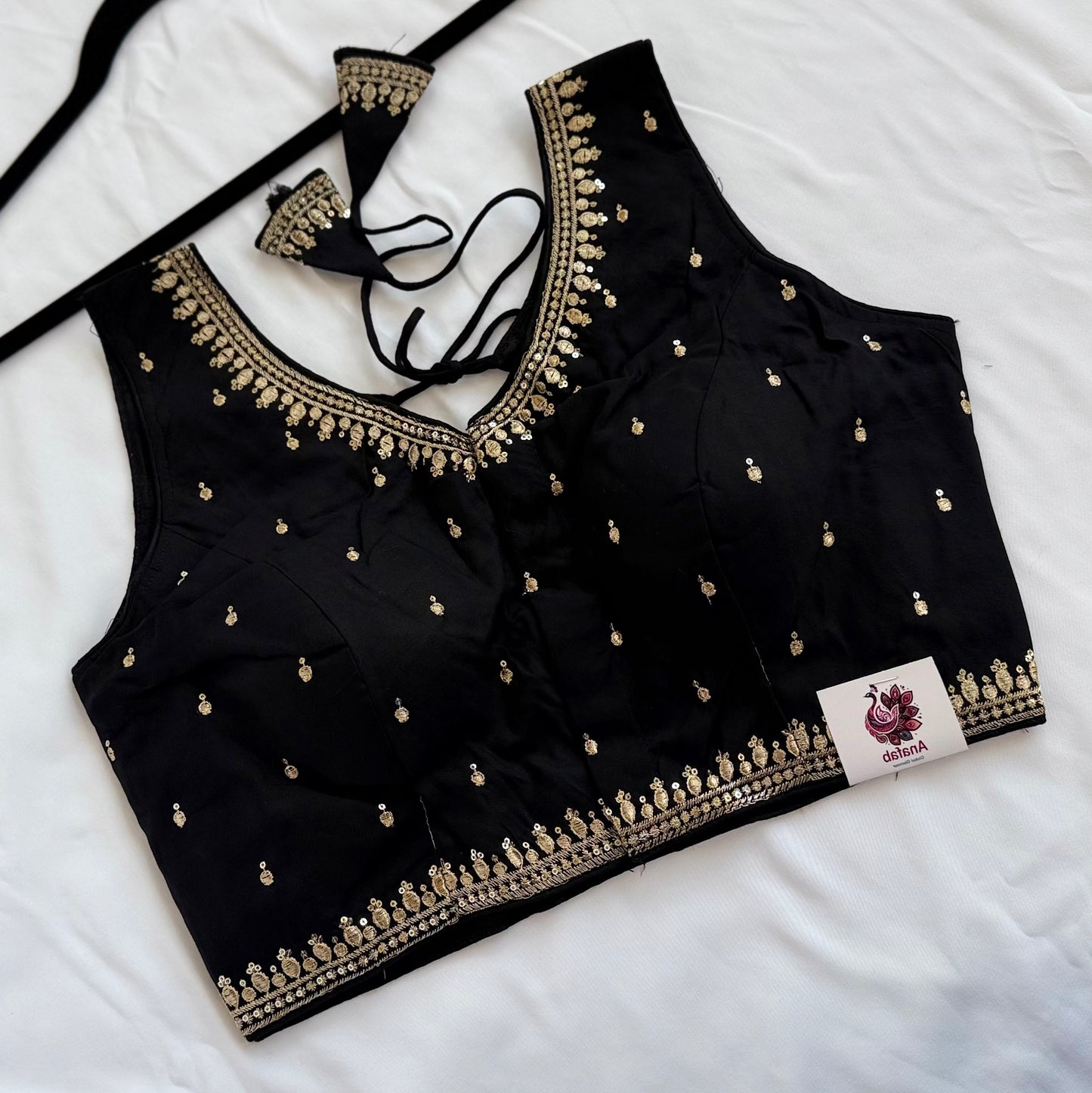 Black Jacquard Saree Blouse, Gold Embroidered Designer Blouse, Deep Back Neck Blouse with Latkan, Ready to Wear Indian Blouse, Crop top