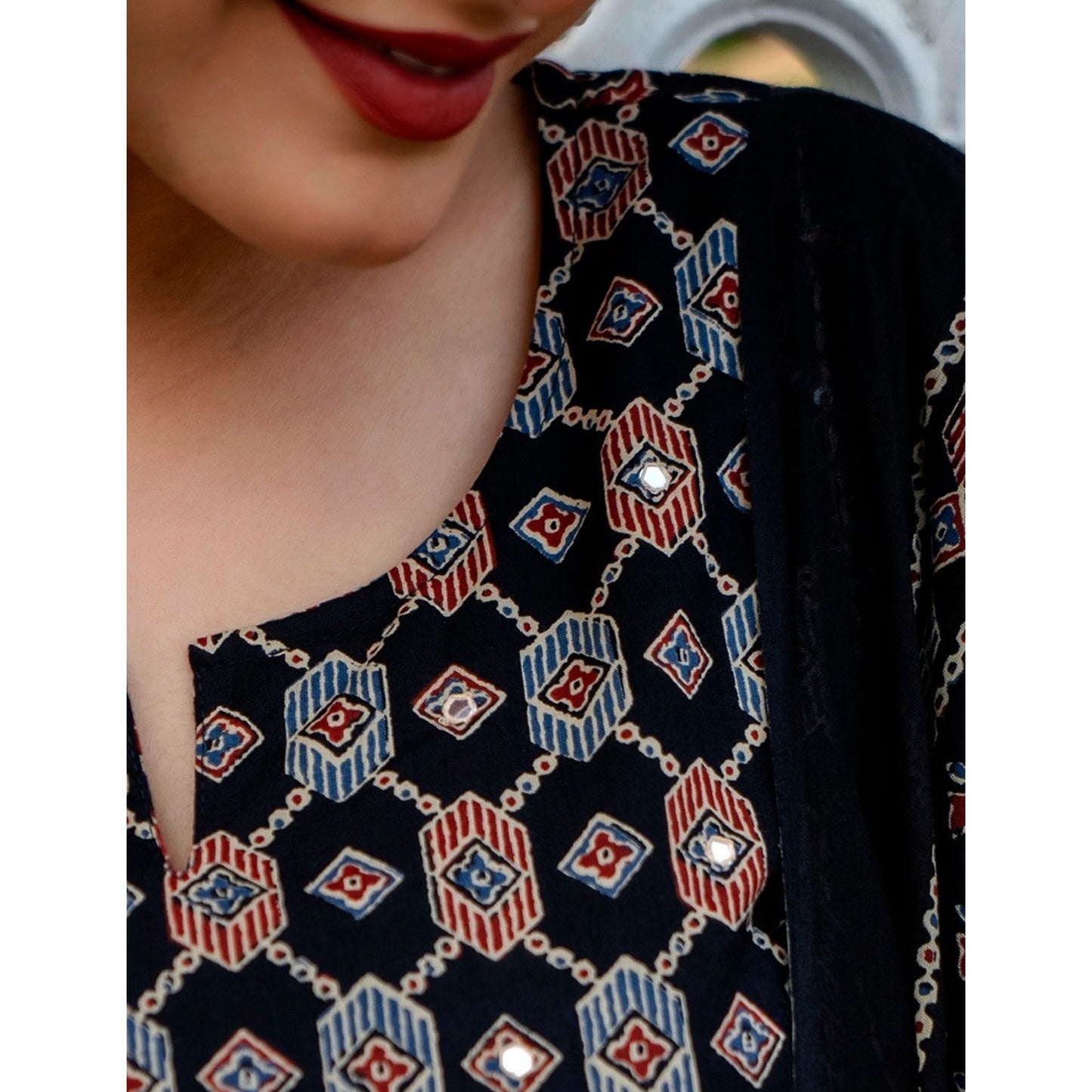 Designer Ajrak Bagru Print Premium FIne Cotton Kurti Pant Dupatta 3 Piece Set