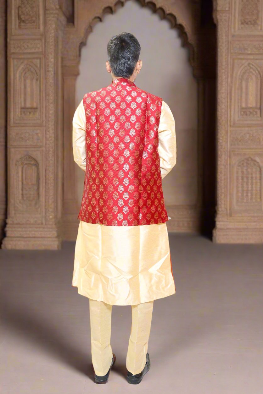 Designer_Maroon_Color_Mens_Jacquard_Kurta_Pajama_Jacket_3pc_Set_Back
