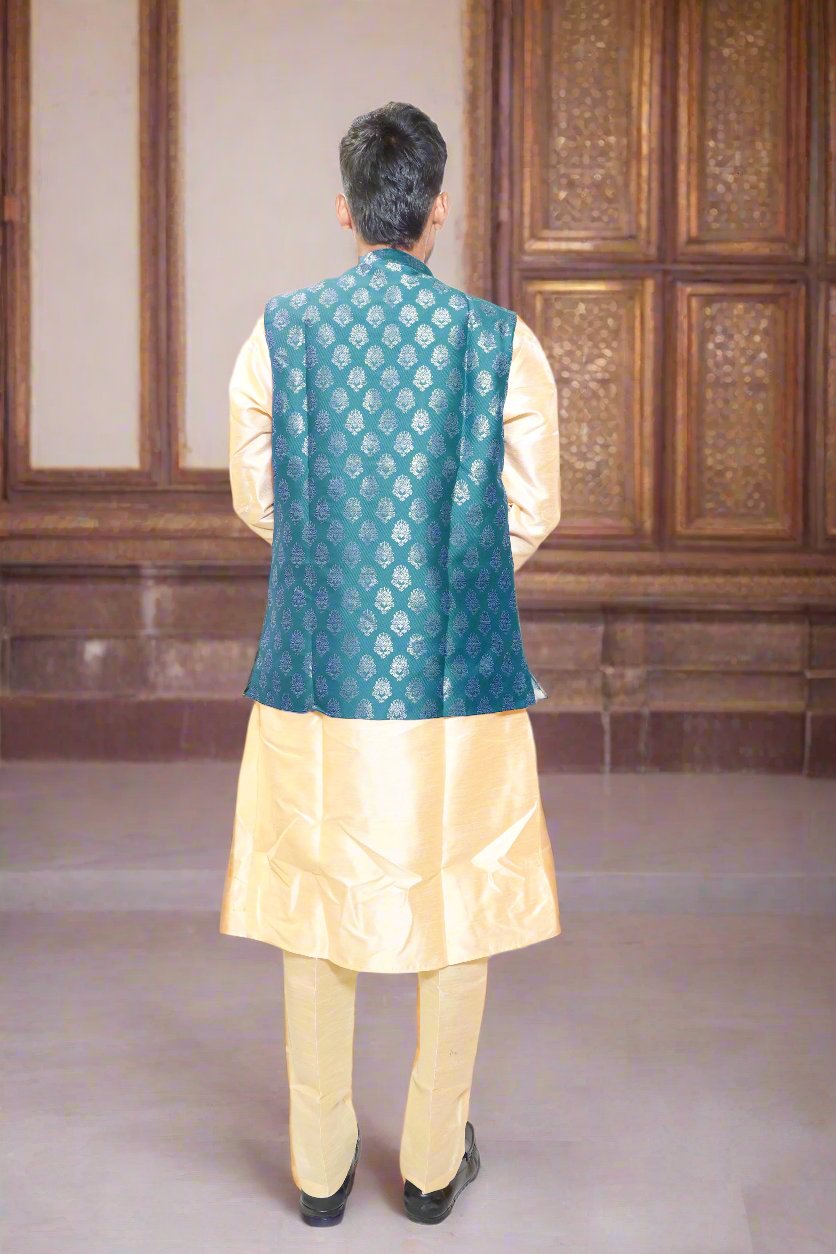 Designer_Rama_Green_Color_Mens_Jacquard_Kurta_Pajama_Jacket_3pc_Set_Back