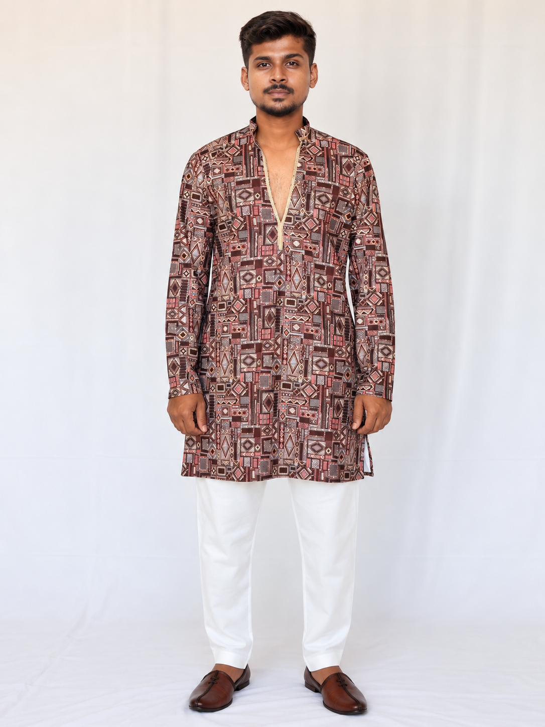 Men’s Maroon Brown Printed Kurta Pajama Set, Armani Fabric Geometric Print Kurta, Indian Festive Wear, Diwali Outfit, Men’s Navratri outfit