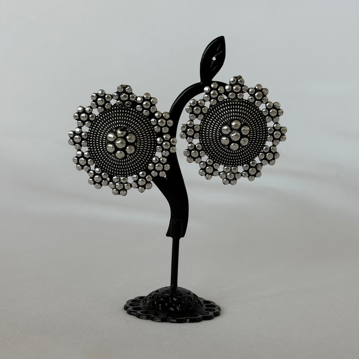 Oxidized Silver Round Stud Earrings, Floral Statement Earrings, German Silver Tribal Jewelry, Boho Ethnic Earrings, Indian Jewelry for Women