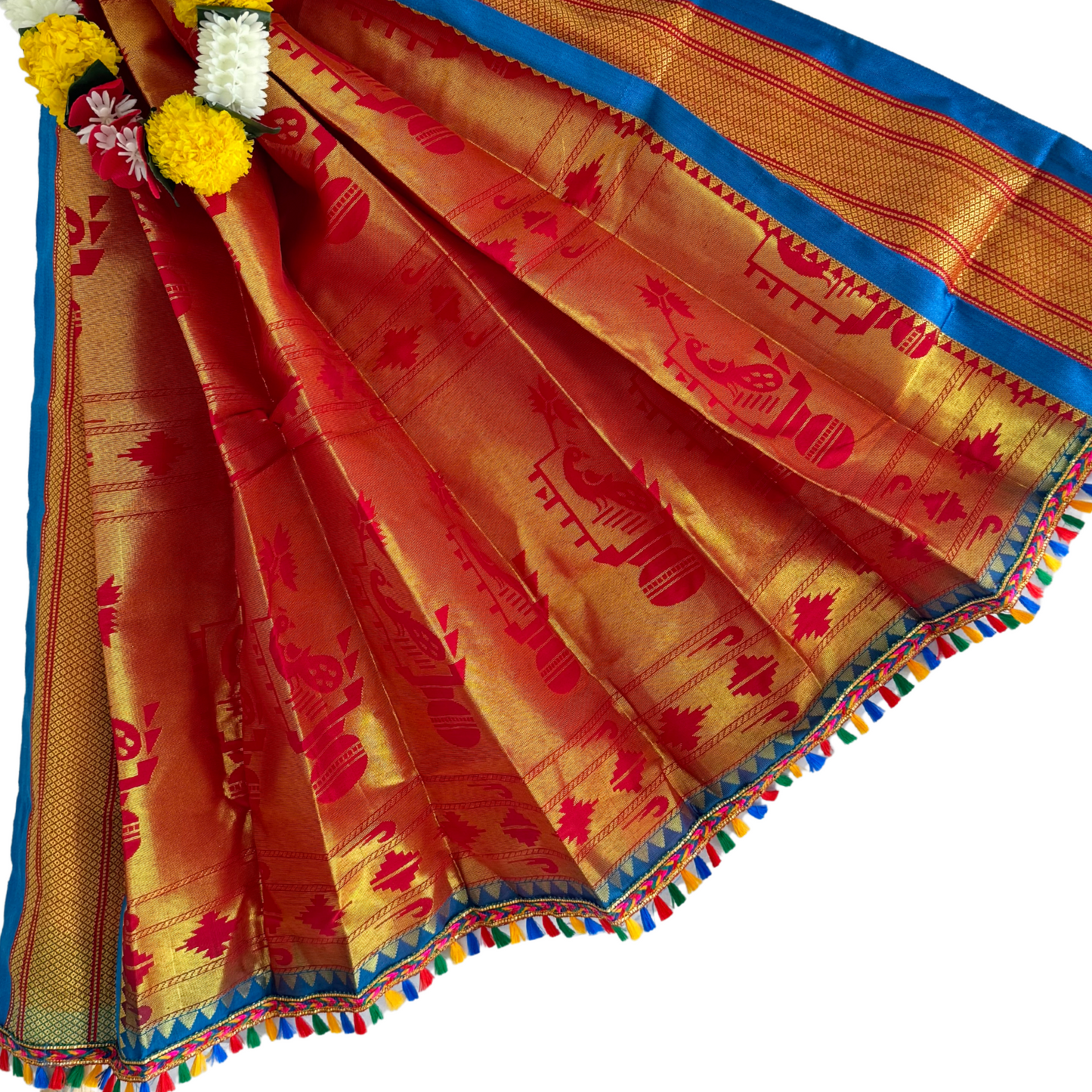 Tomato red color all over golden peacock zari work Gudi saree with blue & golden traditional paithani border