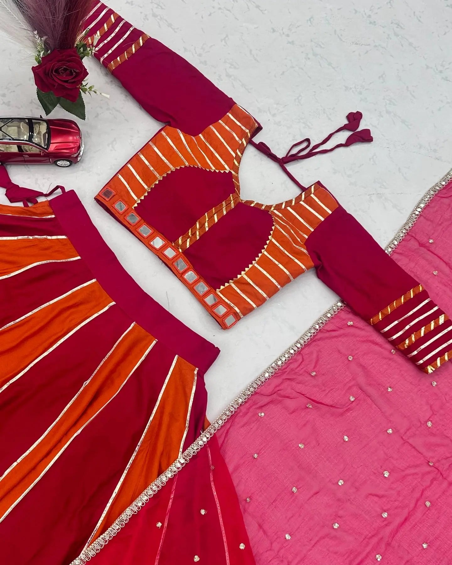 Navratri Lehenga Choli for Women, Pink Orange Cotton Garba Chaniya Choli, Mirror Work Dandiya Outfit, Indian Wedding Festive Lehenga Set