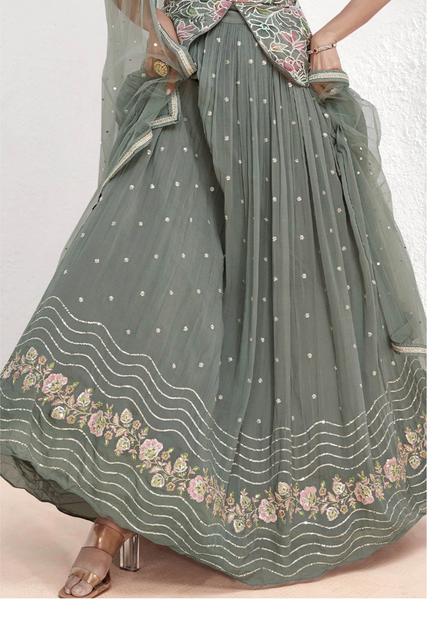 Luxurious Gray Embroidered Lehenga Set with Floral Jacket - A Masterpiece for Special Occasions