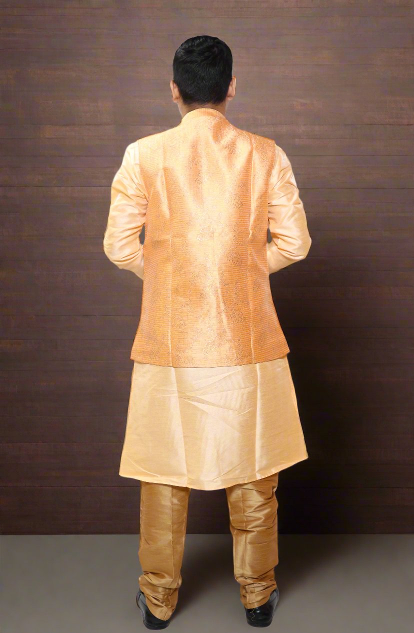 Mens_Beige_Color_Jacquard_Kurta_Pajama_with_Peach_Color_Jacket_Suit_Back