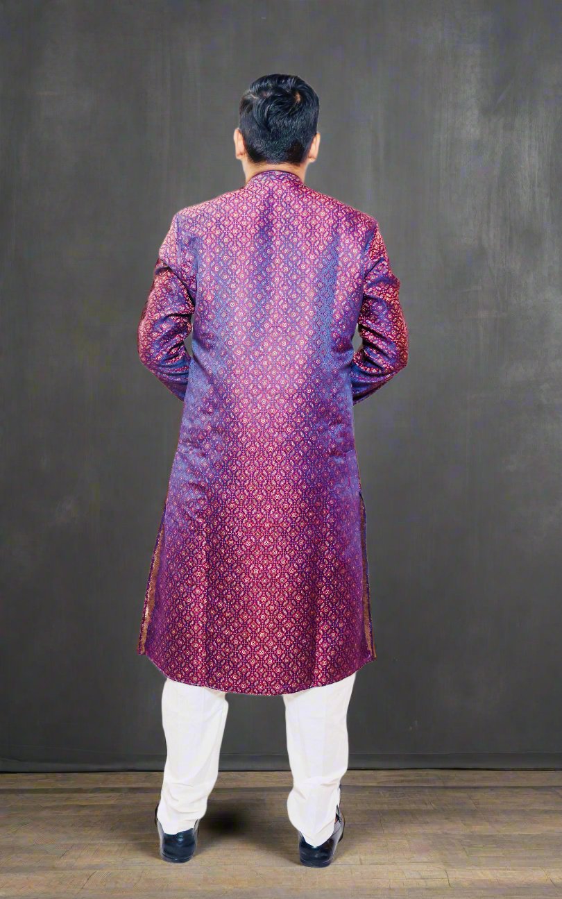 Mens_Maroon_Color_Jacquard_Jari_Weaving_Kurta_Pajama_Set_Back