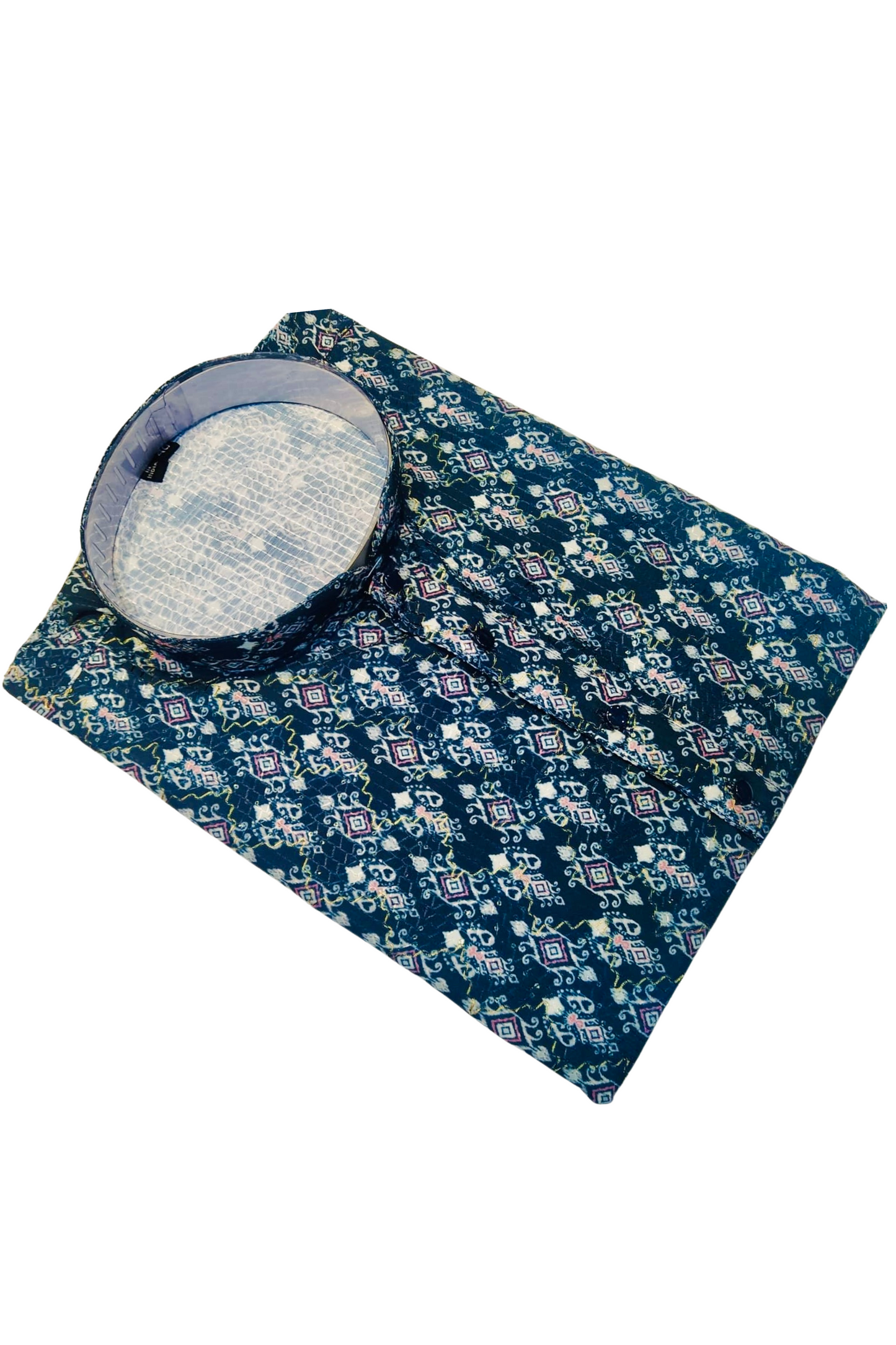 Mens Navy Blue Embroidery & Sequence Work Kurta with White Pajama Set_Fold