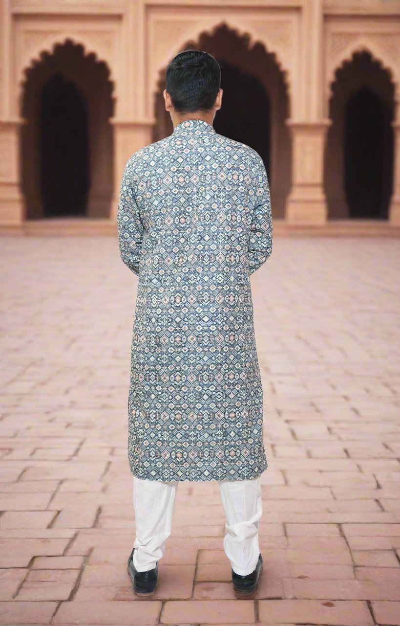 Navy Blue Mens Self Design Kurta Pajama Set_Back