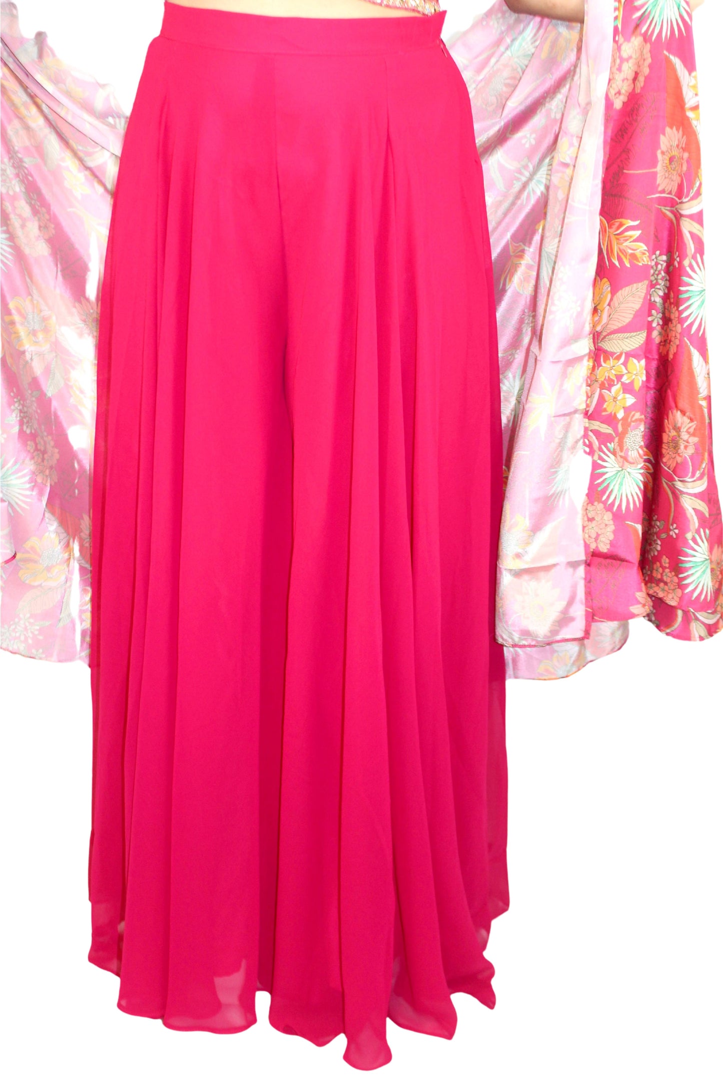 Women’s Pink Floral Designer Crop Top, Palazzo Pants, and Shrug Set –Elegant Women’s Party Wear