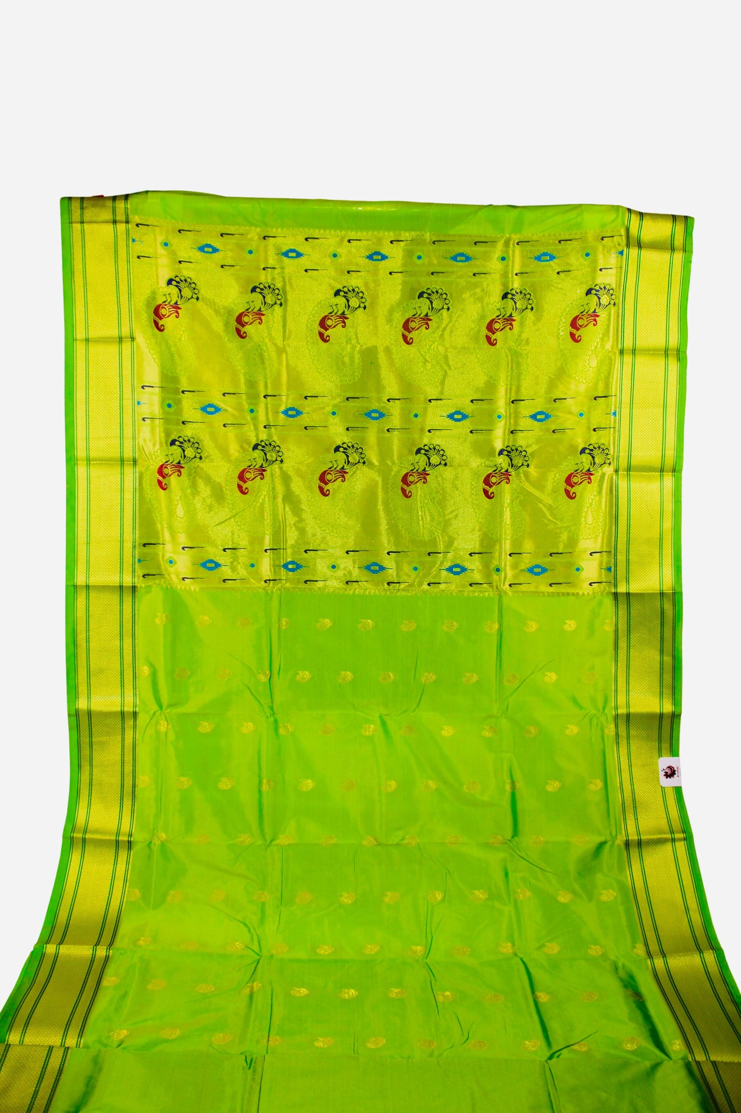 Elegant Semi Paithani Parrot Green Silk Saree with Traditional Zari Paithani Border & Matching Blouse Piece (Unstitched) - Perfect for Festivals & Special Occasions