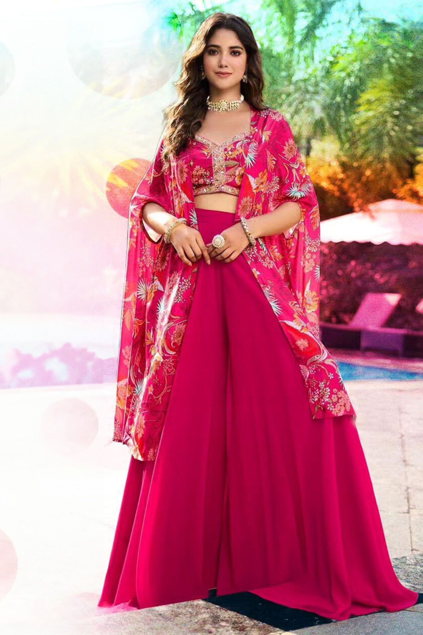 Women’s Pink Floral Designer Crop Top, Palazzo Pants, and Shrug Set –Elegant Women’s Party Wear