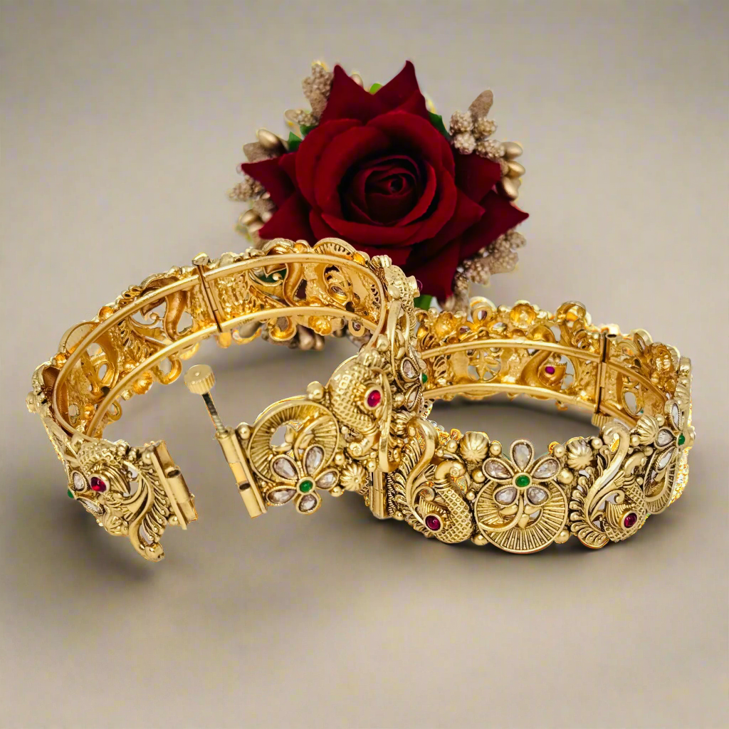 Rajwadi Gold Plated Peacock Design Openable Kada/ Bangles Set, Bangl