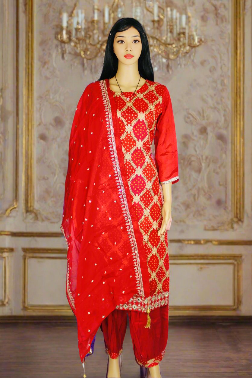 Stunning Red Bandhani 3-Piece Set – Embroidered Kurta with Mirror Work, Patiala Pants, and Luxe Sequence Dupatta – A Perfect Festive Attire