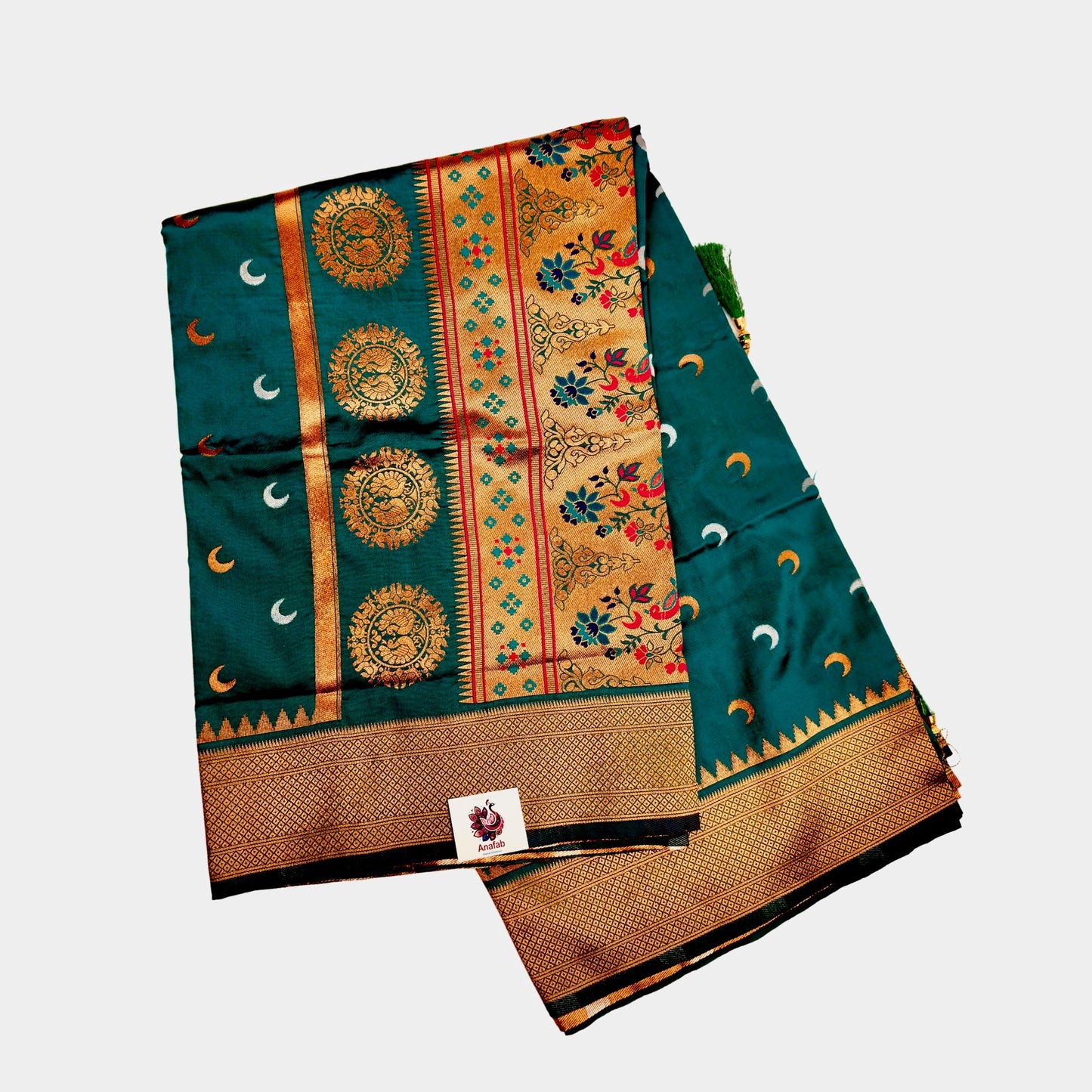 Rama Green color Chandrakor Semi Paithani Saree with Copper Zari Border and Rich Pallu