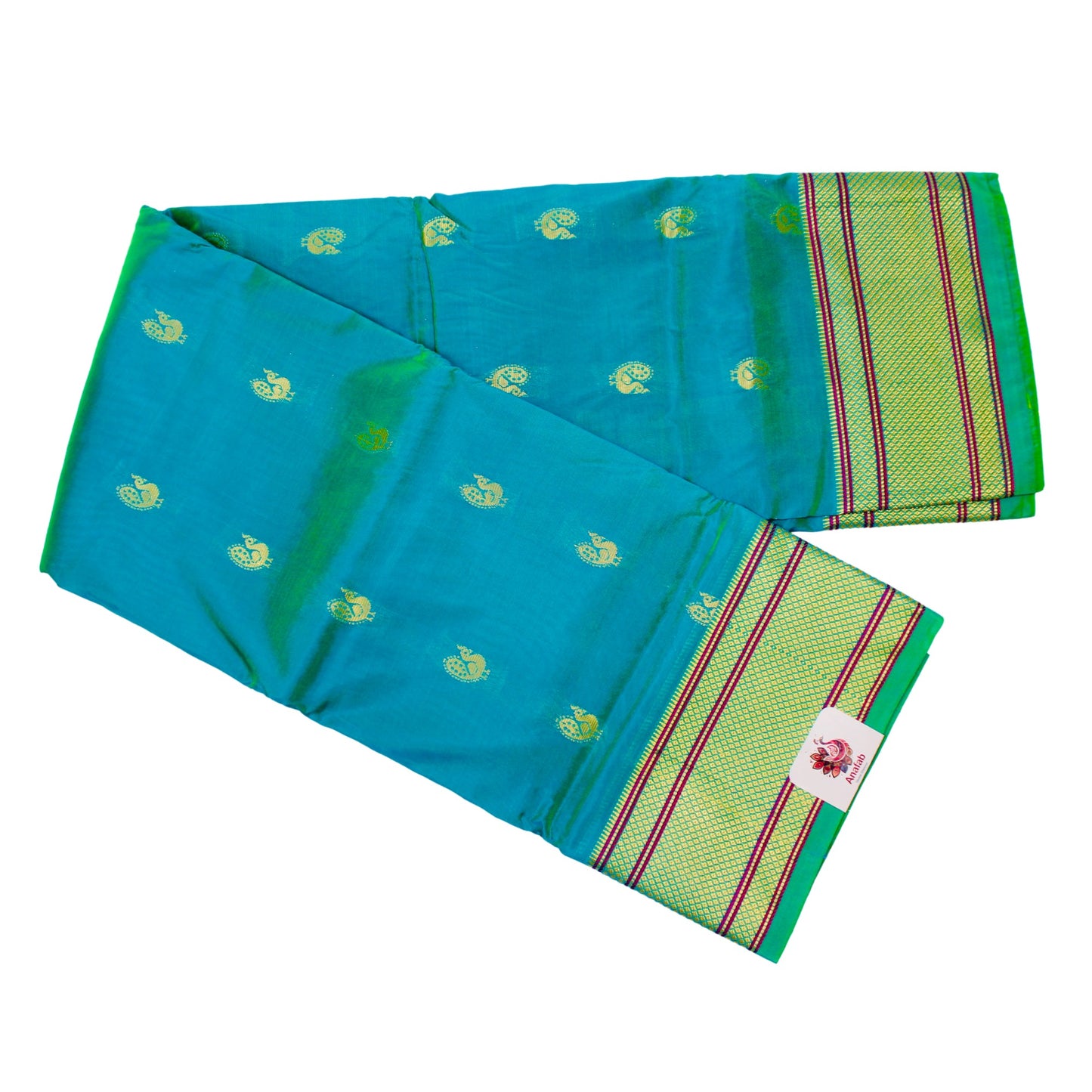 Elegant Semi Paithani Teal Blue Silk Saree with Traditional Zari Paithani Border & Matching Blouse Piece (Unstitched) - Perfect for Festivals & Special Occasions
