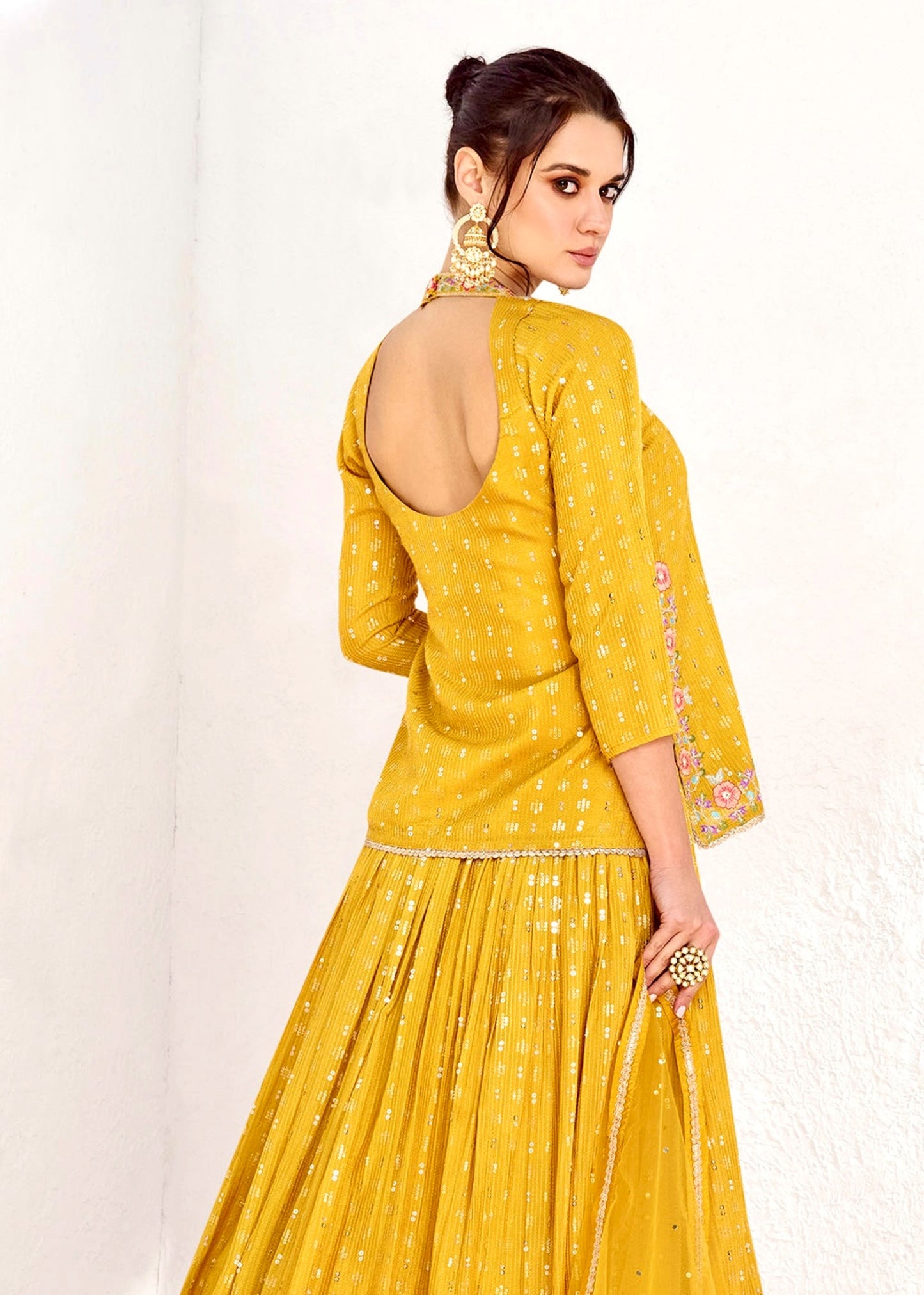 Mustard Yellow Embroidered Lehenga Set for Women | Georgette Fabric with Floral Embellishments | Easy Custom Fit | Traditional Indian Party Wear