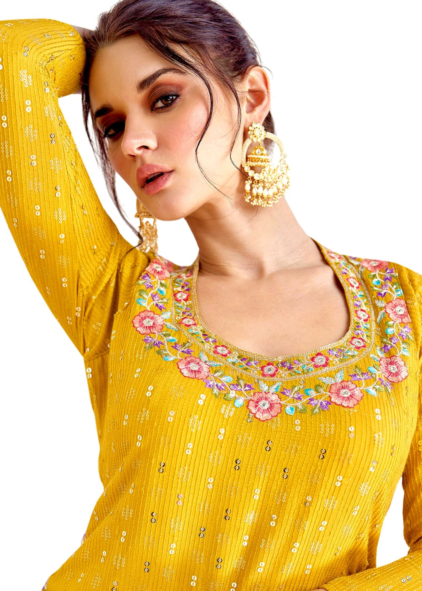 Mustard Yellow Embroidered Lehenga Set for Women | Georgette Fabric with Floral Embellishments | Easy Custom Fit | Traditional Indian Party Wear