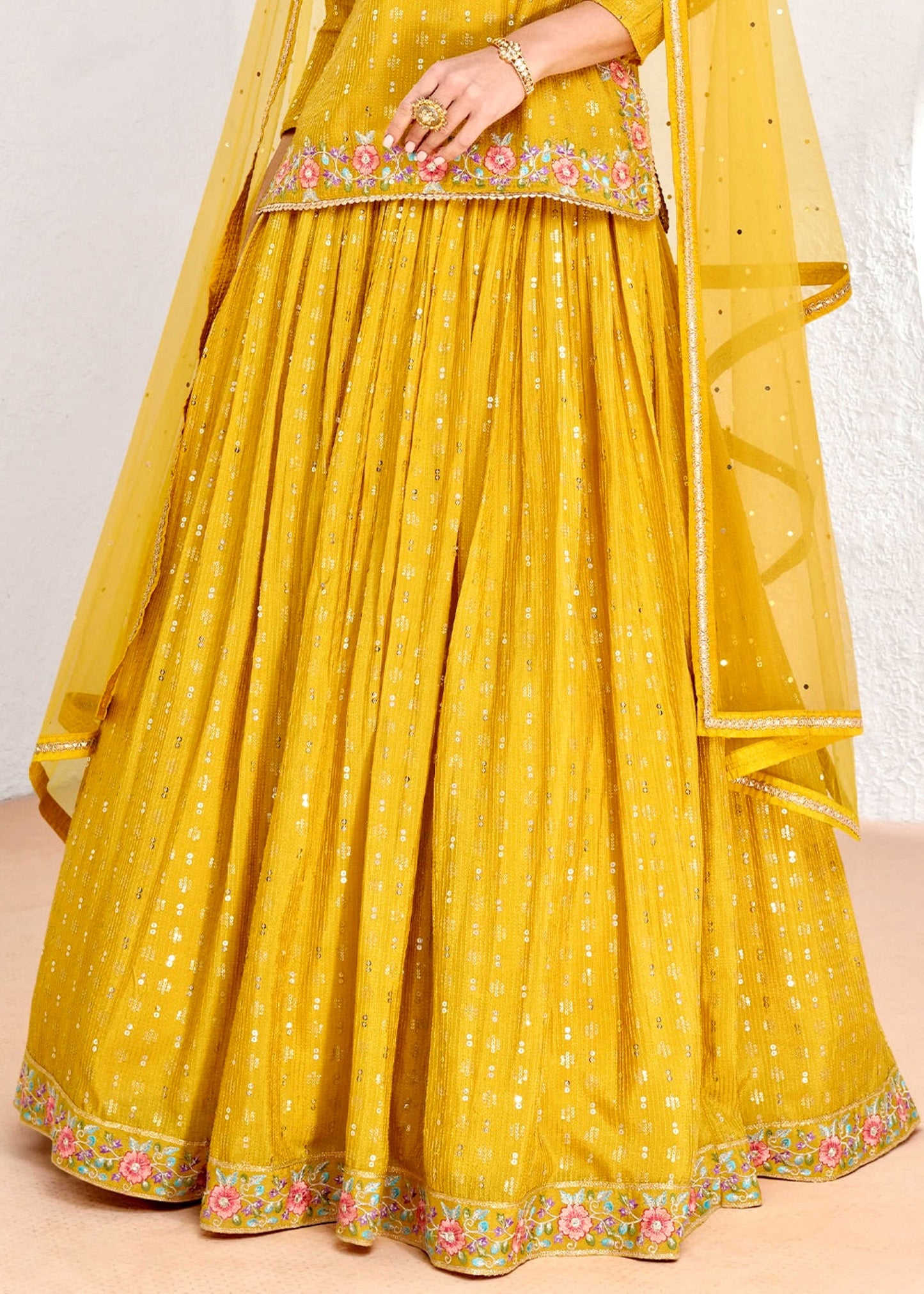 Mustard Yellow Embroidered Lehenga Set for Women | Georgette Fabric with Floral Embellishments | Easy Custom Fit | Traditional Indian Party Wear