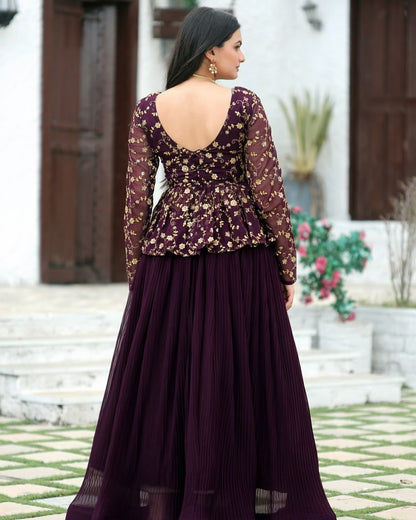 Elegant Wine Lehenga Choli Set | Heavy Embroidered Sequin Blouse with Full flair Crush Pleated Skirt | Wedding & Party Outfit