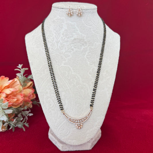 Elegant AD Diamond Mangalsutra Set with Earrings | Rose Gold Minimal Mangalsutra | Double Black Bead Chain | Lightweight Daily Wear Mangalsu
