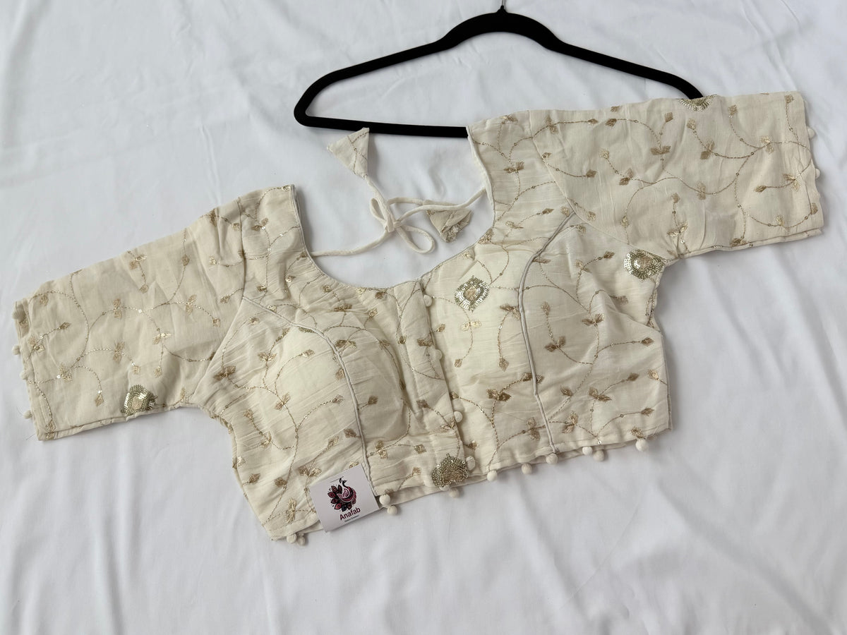 Ivory Khadi Cotton Sequin Blouse, Gold Embroidery Saree Blouse, Front Open Readymade Blouse, Short Sleeve Indian Blouse, Wedding Blouse