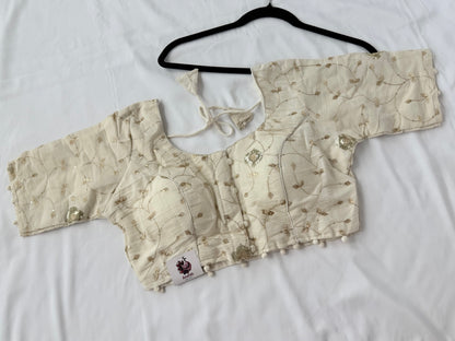 Ivory Khadi Cotton Sequin Blouse, Gold Embroidery Saree Blouse, Front Open Readymade Blouse, Short Sleeve Indian Blouse, Wedding Blouse