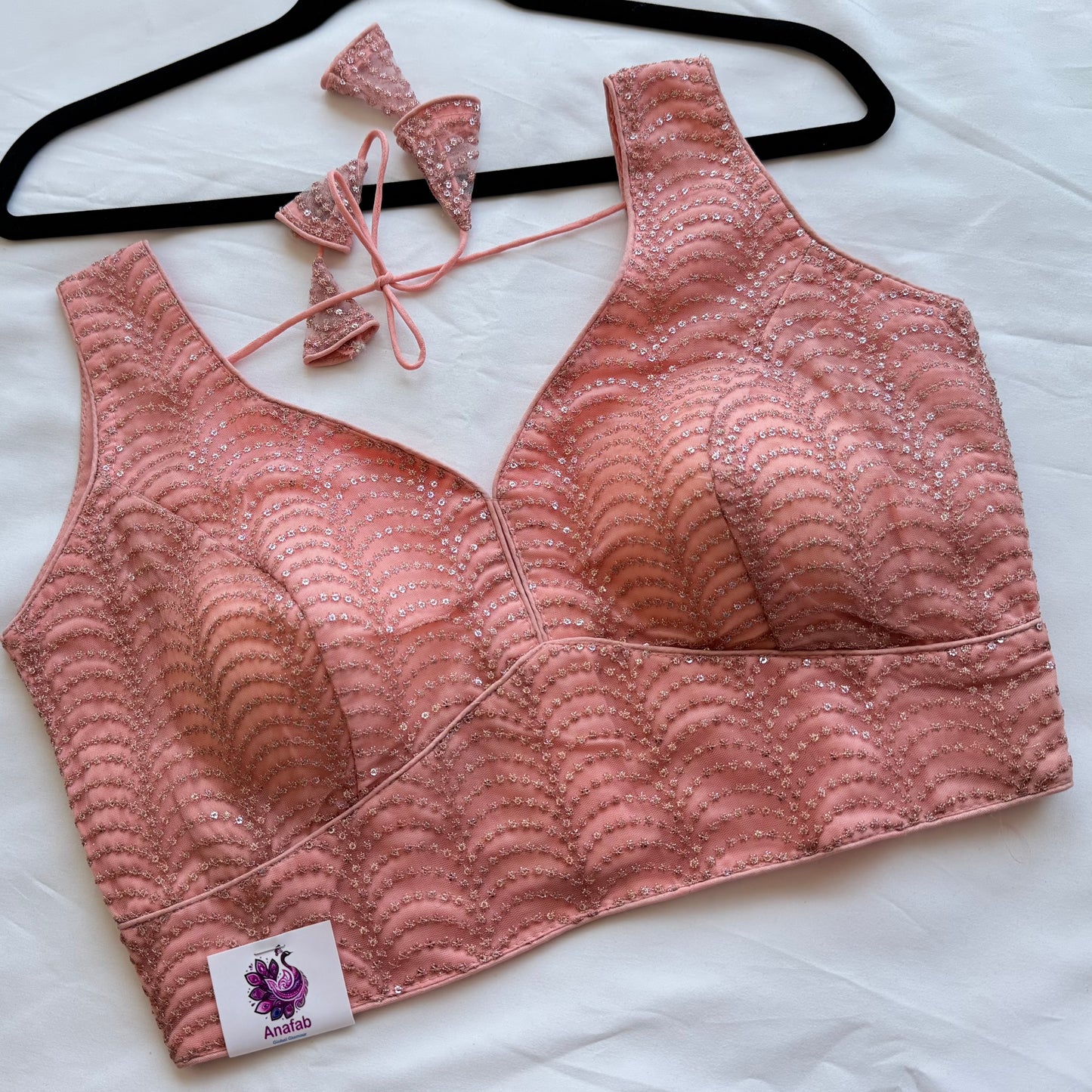 Peach Pink Sequin Designer Blouse | Readymade Padded Saree Blouse | Elegant Party Wear Blouse with Tie Back | Size 38–42 | Lehenga blouse |