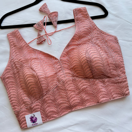 Peach Pink Sequin Designer Blouse | Readymade Padded Saree Blouse | Elegant Party Wear Blouse with Tie Back | Size 38–42 | Lehenga blouse |