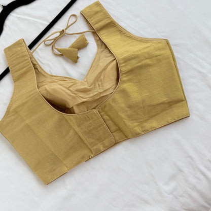 Antique Gold Tissue Silk Saree Blouse, Ready to Wear Golden Blouse, Padded V Neck Blouse, Indian Saree Blouse, Festive Wedding Blouse , Crop