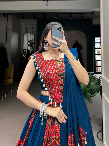 Navratri Lehenga Choli for Women, Blue Garba Chaniya Choli, Pure Cotton Lehenga with Dupatta, Gujarati Dandiya Outfit, Indian Festival Dress