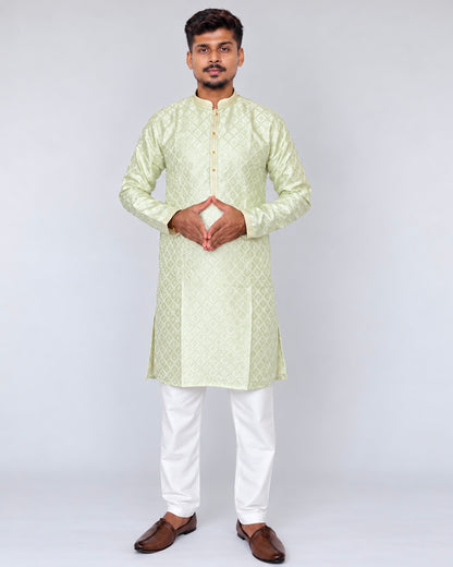 Men’s Pista Green Jacquard Kurta Pajama Set, Golden Woven Design Indian Traditional Outfit, Wedding Festive Wear, Diwali Kurta, Ships from U