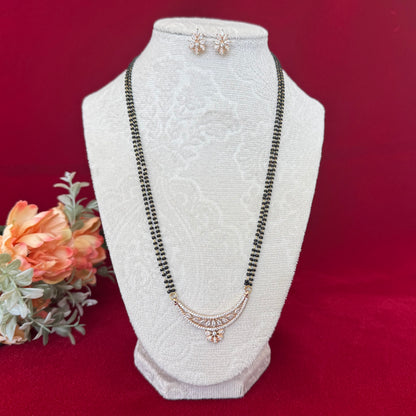 Elegant AD Diamond Mangalsutra Set with Earrings | Rose Gold Minimal Mangalsutra | Double Black Bead Chain | Lightweight Daily Wear Mangalsu