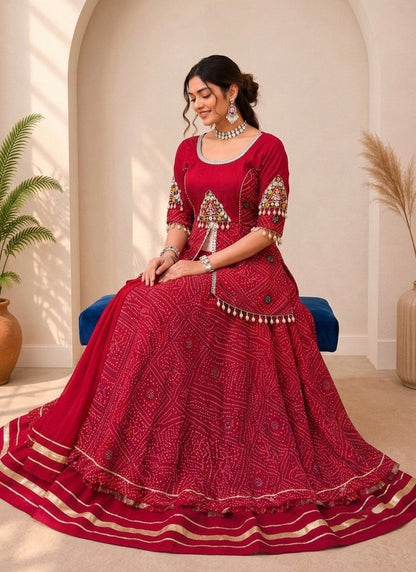 Navratri Lehenga Choli, 5 Meter Flair Bandhani Chaniya Choli, Kavdi Kodi Mirror Work Garba Lehenga, Gujarati Dandiya Outfit, Red Lehenga