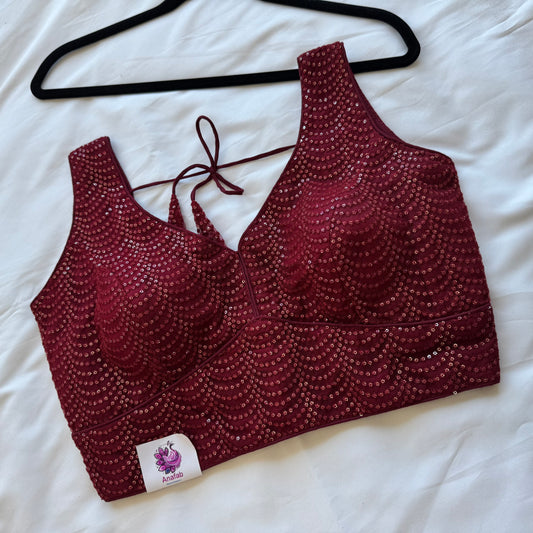 Designer Maroon Sleeveless Blouse with Heavy Sequin Work, Fancy blouse for Lehenga, Sarees, party wear Blouse, Top